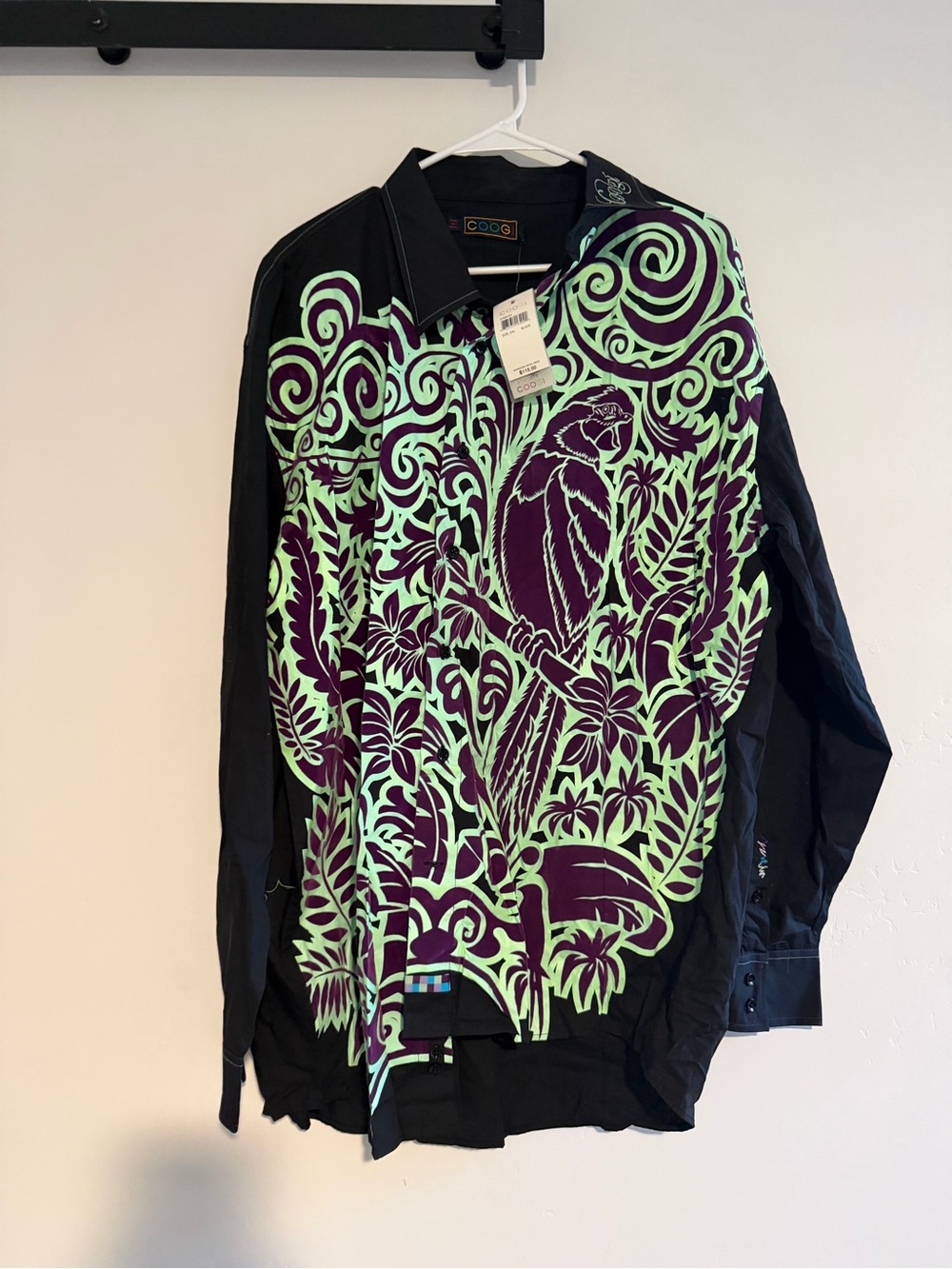 Colorful Parrot Print Button-Up Shirt - Mint & Purple Coogi XXL
